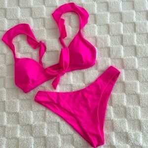 ZAFUL Neon Ruffled Knot High Cut Bikini Swimsuit - Hot Pink M